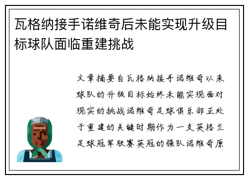 瓦格纳接手诺维奇后未能实现升级目标球队面临重建挑战
