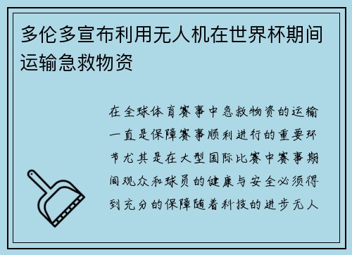 多伦多宣布利用无人机在世界杯期间运输急救物资